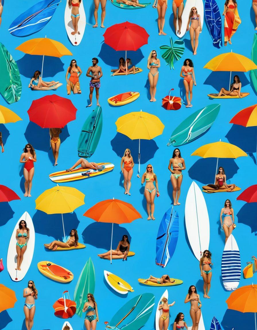 A vibrant beach scene showcasing a diverse group of people enjoying summer activities, with each individual wearing different styles of swimwear, from trendy bikinis to sporty board shorts. Include colorful beach umbrellas, surfboards, and sunbathers relaxing on towels under a bright blue sky. The atmosphere should be lively and festive, capturing the essence of summer fun. super-realistic. vibrant colors. white background.