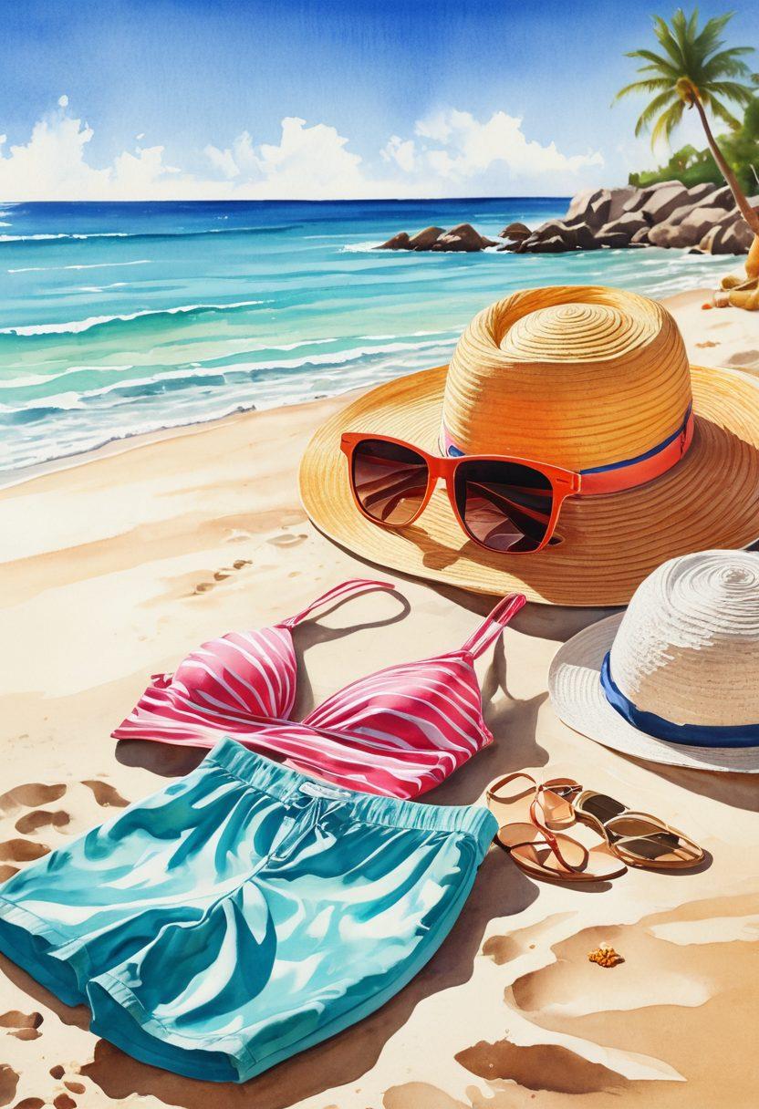 A sun-kissed beach scene showcasing an array of vibrant, stylish beachwear essentials laid out on the sand. Include colorful swimsuits, chic cover-ups, trendy sunglasses, and beach accessories like hats and sandals, complemented by a crystal-clear ocean in the background. The overall atmosphere should be lively and inviting, capturing the essence of resort relaxation and summer fun. watercolor painting. bright colors. sunny mood.